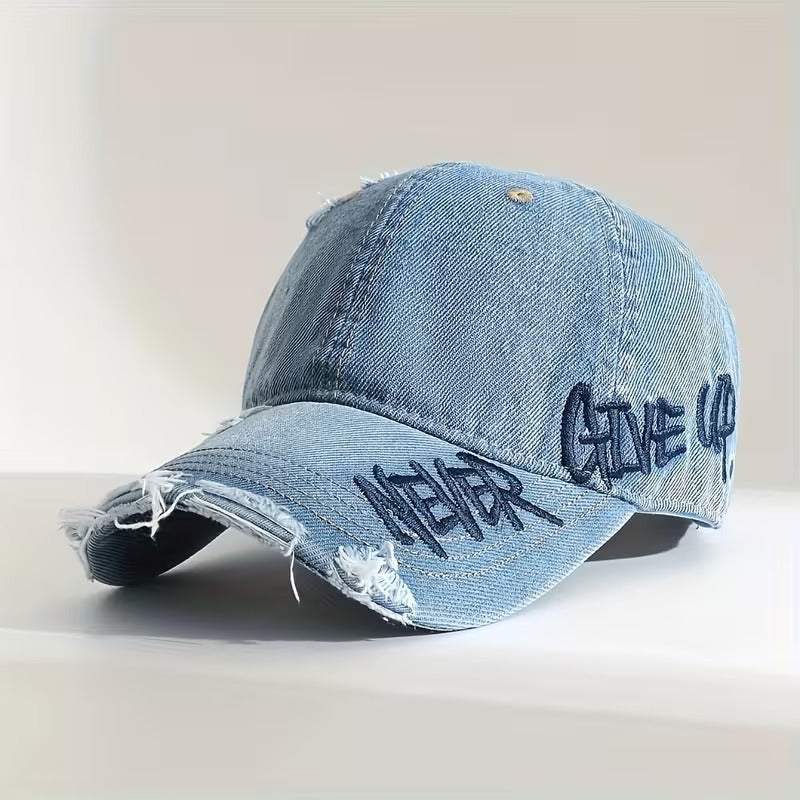Vintage Distressed Denim Baseball Cap – “Never Give Up!