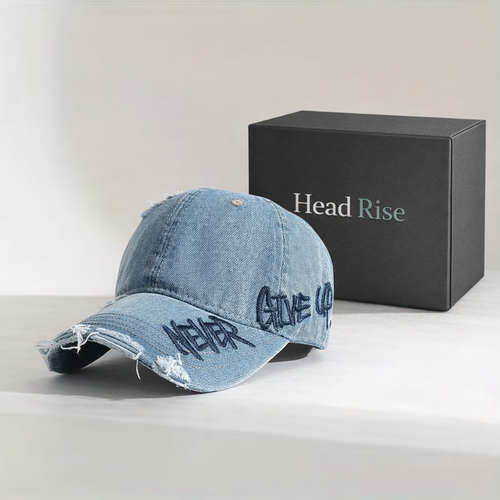 Vintage Distressed Denim Baseball Cap – “Never Give Up!